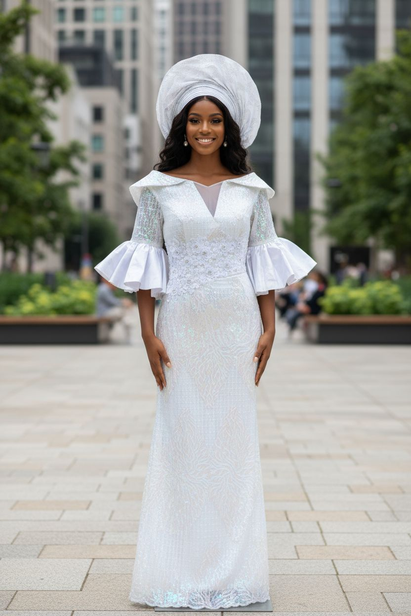 Lovelene exquisite White African Sequin Lace Maxi Dress with Taffeta below elbow flare sleeves-DPXALWS4