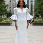 Lovelene exquisite White African Sequin Lace Maxi Dress with Taffeta below elbow flare sleeves-DPXALWS4