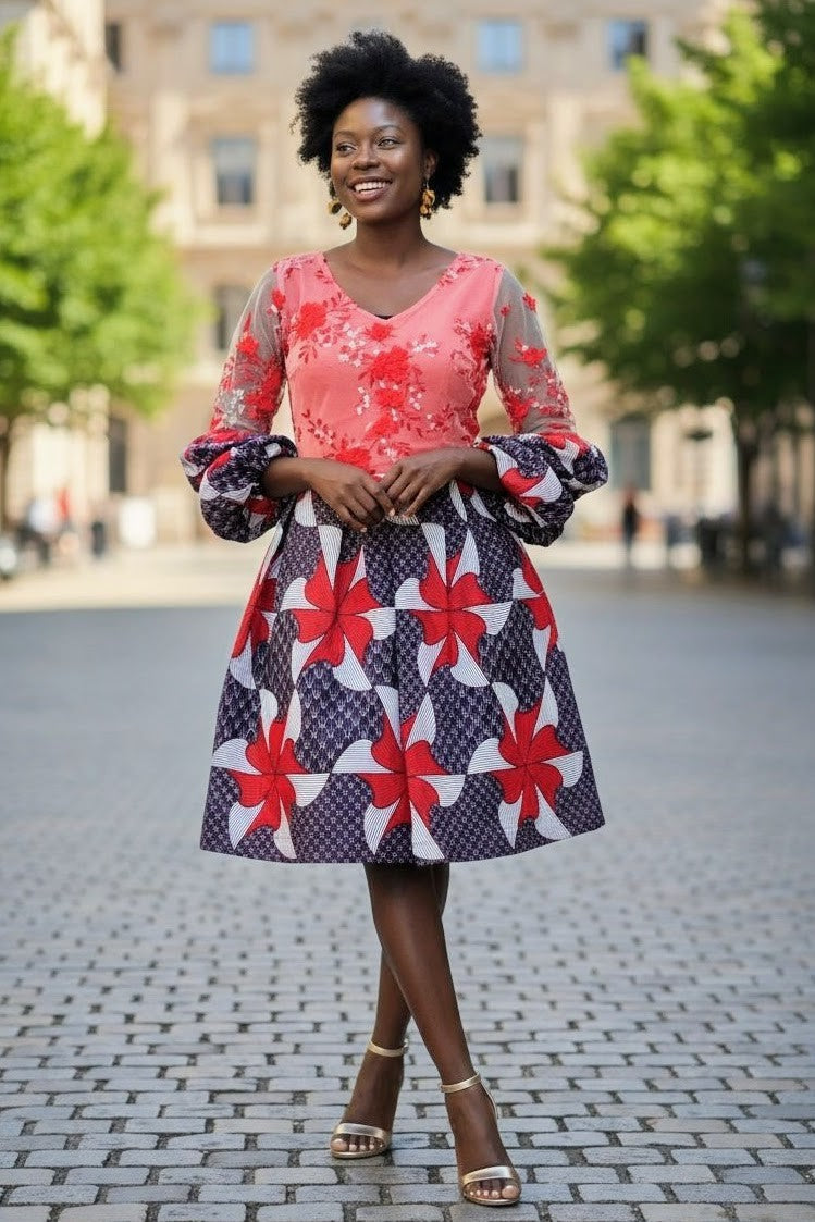 Red African print lace wedding party dress dupsies