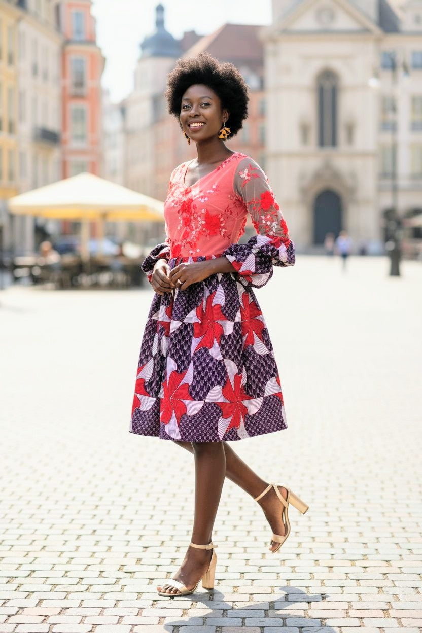 Lace African fashion dress for women with print by Dupsie's African clothing