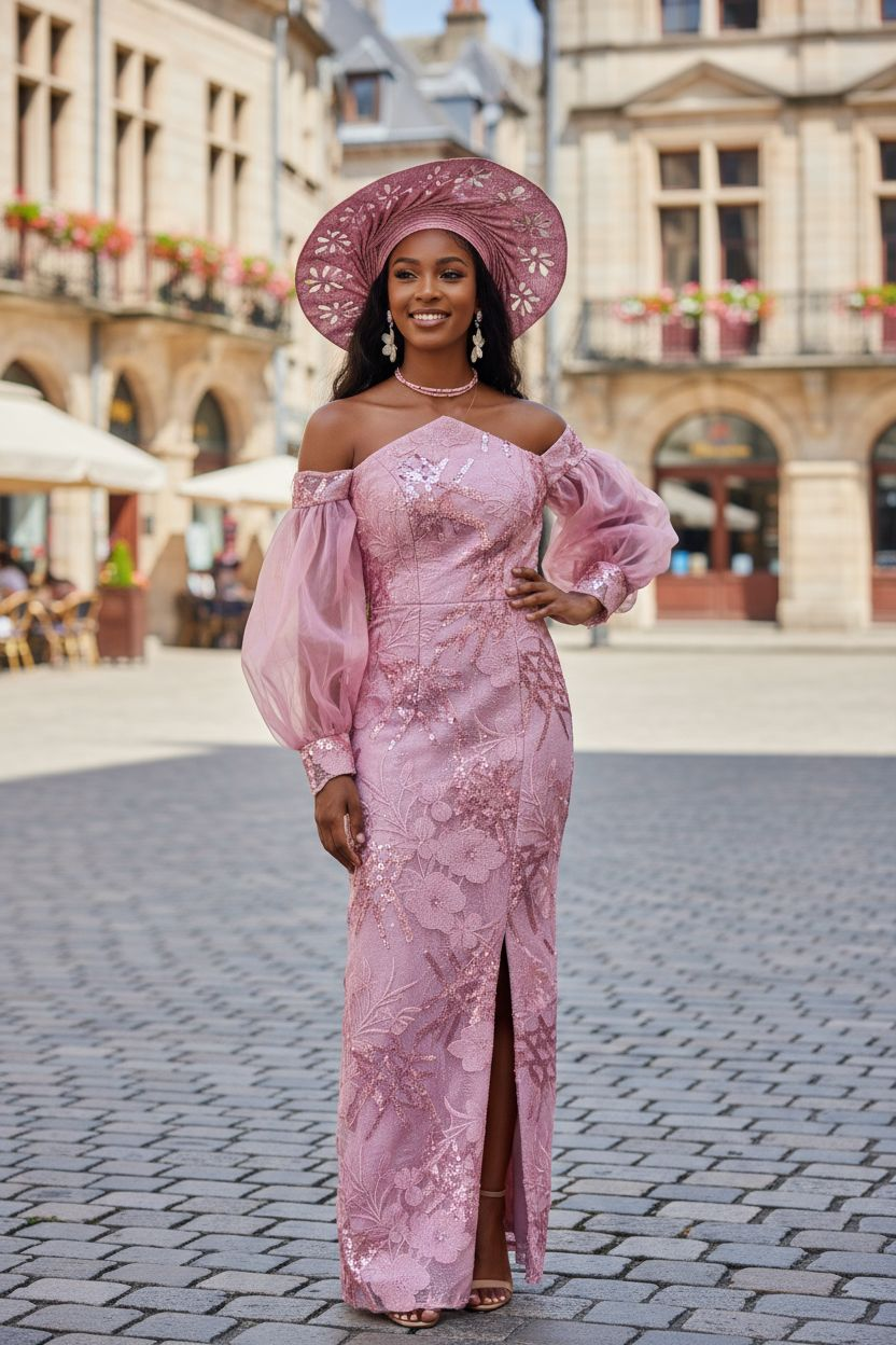 Evaum Light Lilac Muave African Off-Shoulder Lace Sequins Maxi Bustier Dress-DPXLLM4