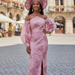 Evaum Light Lilac Muave African Off-Shoulder Lace Sequins Maxi Bustier Dress-DPXLLM4