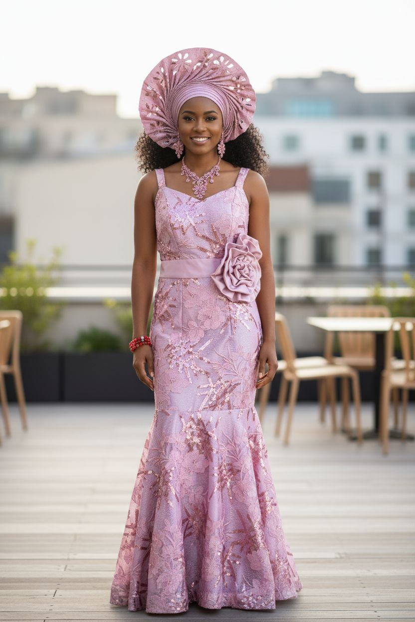 Kuti Light Lilac Muave African Spaghetti Strap Lace Sequins Maxi Bustier Dress-DPXMDSP6