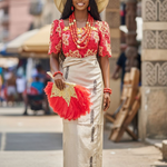 Red African Igbo lace top Tan Aso oke wrap skirt
