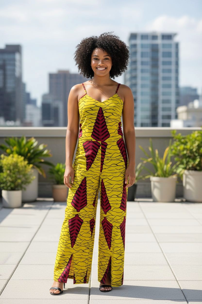 Yellow and red African print wide-leg spaghetti-strap jumpsuit dress by Dupsie’s African Fashion in 100% cotton with back zipper”