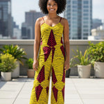 Yellow and red African print wide-leg spaghetti-strap jumpsuit dress by Dupsie’s African Fashion in 100% cotton with back zipper”
