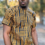 Akwaabah Black and Gold African print Kente short sleeve Dashiki shirt-DPBG0795M