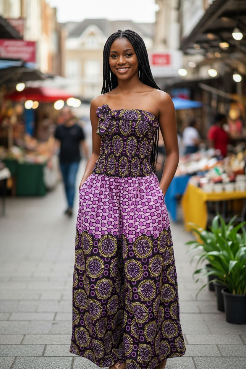 Adureke African Clothing – Purple Yellow Black Tie-Dye Batik African Jumpsuit Dress with Wide Legs by Dupsie’s African Fashion