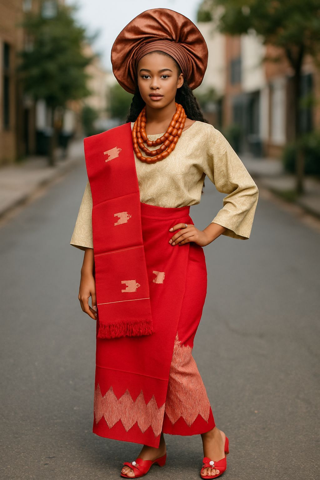 Dupsie's Women's Adebimpe Red Gold 3-Piece Lace Top and hand woven Aso Oke wrap Skirt African Ensemble DPAWRGTWS