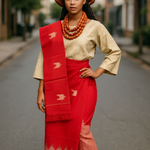 Dupsie's Women's Adebimpe Red Gold 3-Piece Lace Top and hand woven Aso Oke wrap Skirt African Ensemble DPAWRGTWS