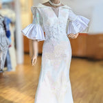 Lovelene exquisite White African Sequin Lace Maxi Dress with Taffeta below elbow flare sleeves-DPXALWS4