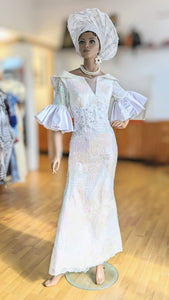 Lovelene exquisite White African Sequin Lace Maxi Dress with Taffeta below elbow flare sleeves-DPXALWS4