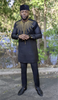 Rehtnap Slim Fit Embroidered Black African Senator Kaftan Dashiki Top and Pants with Sunburst lines embroidery-DPXBLKP4TP