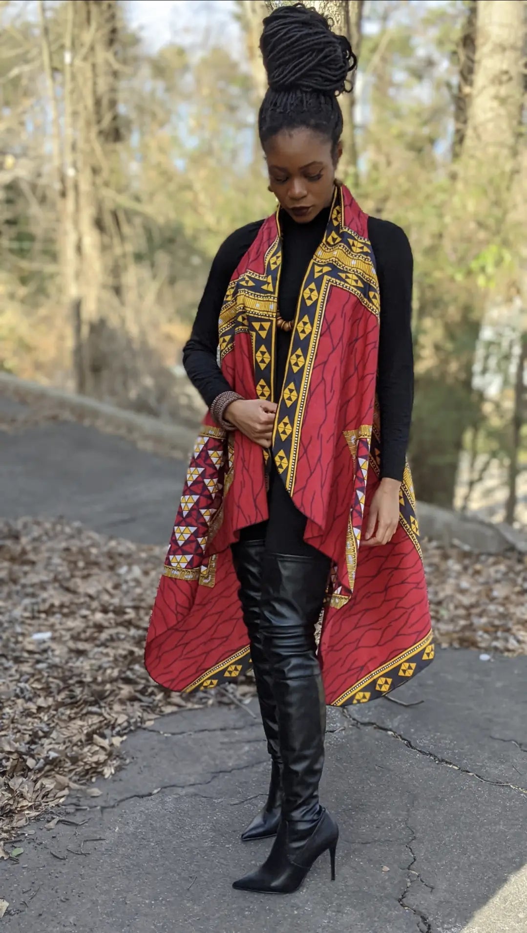 Mobolade Red Diamond Print Shawl Vest-DPSH2687 - Dupsie's