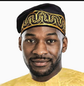 Black Kufi African Adebo Hat with Gold Embroidery - Headwear