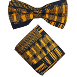 Black and Gold Durufo African print Kente Bow Tie and Pocket Square Set DP4091BT