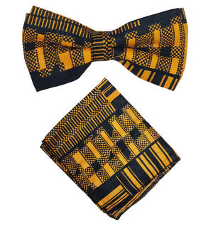Dupsie's Black and Gold Durufo African print Kente Bow Tie and Pocket Square Set DP4091BT