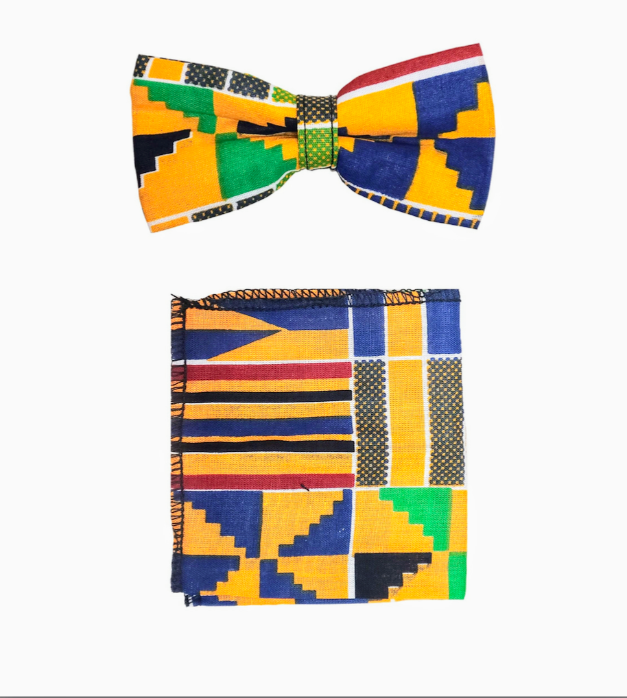 Dupsie's Kofi Adinkra Exquisite Blue, Gold, Red, Black, Green, and White African Print Kente Bow Tie and Pocket Square Set DP4075BT