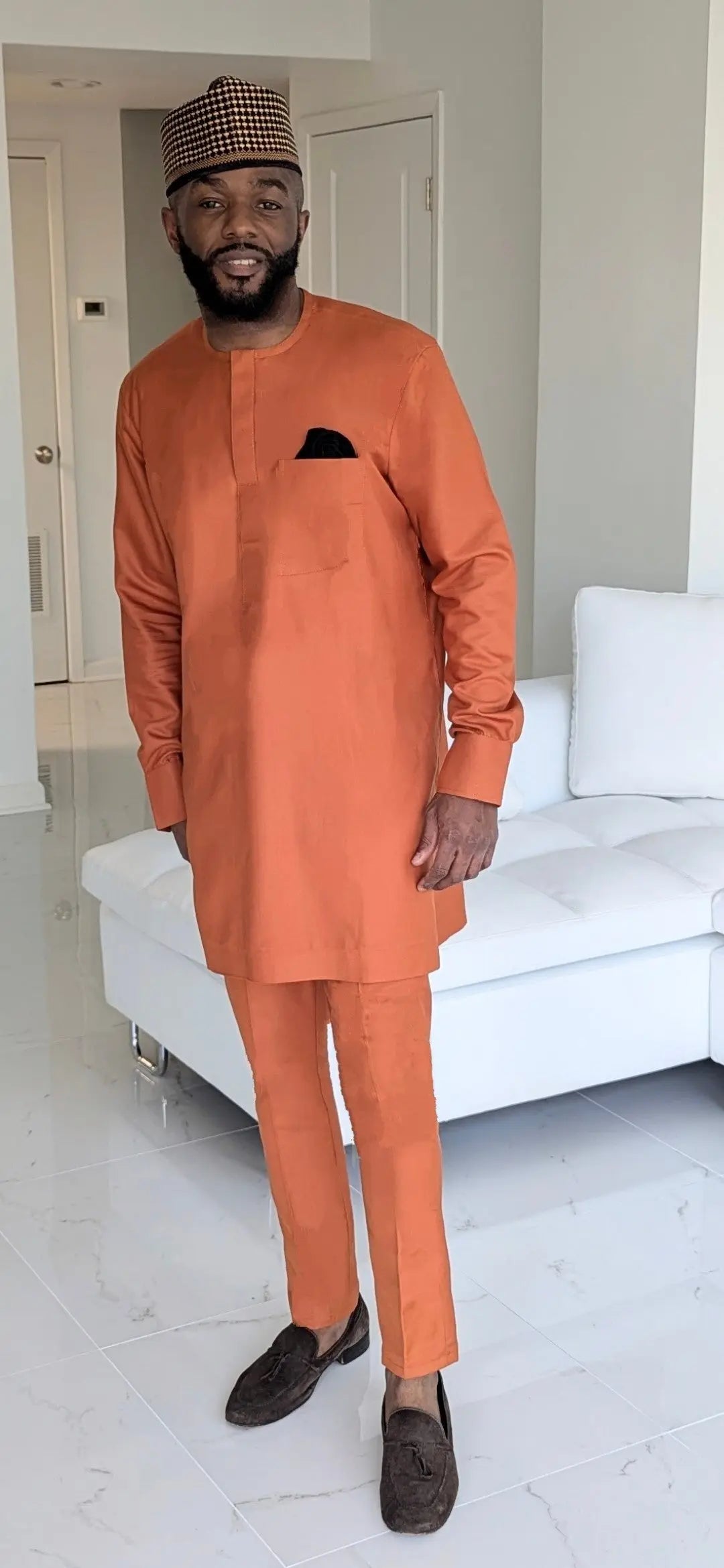 Burnt-orange embroidered African Senator Dashiki suit for men