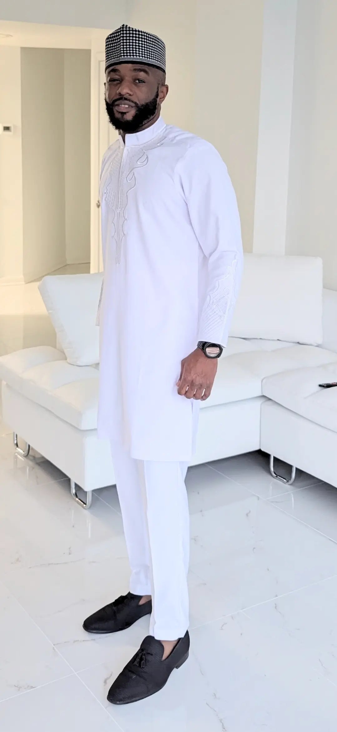 All-white embroidered African Senator suit for men