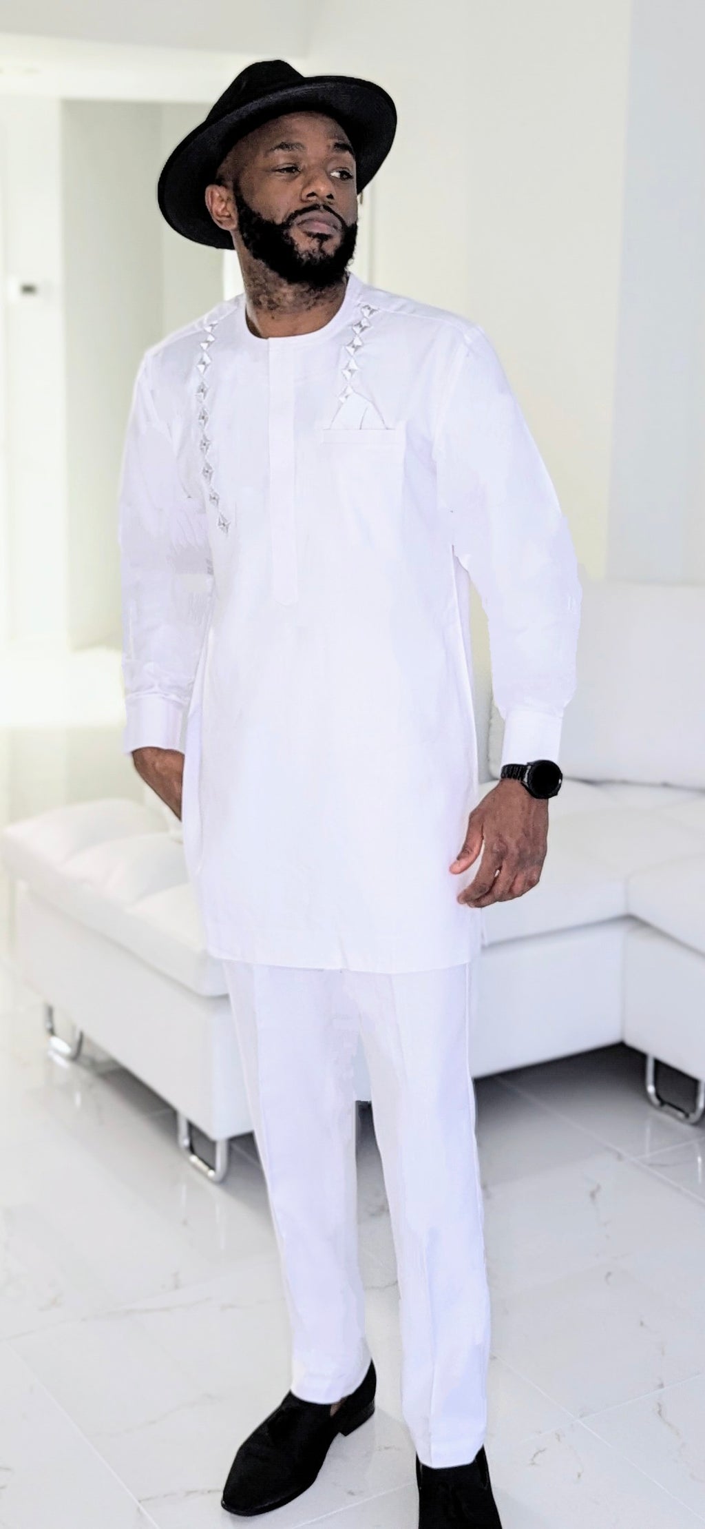 Dupsie's All-White Majestic Ezze Senator Dashiki Set with White and Silver embroidery with matching White pants DPAWWS44