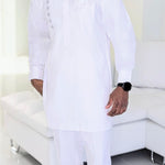 Dupsie's All-White Majestic Ezze Senator Dashiki Set with White and Silver embroidery with matching White pants DPAWWS44