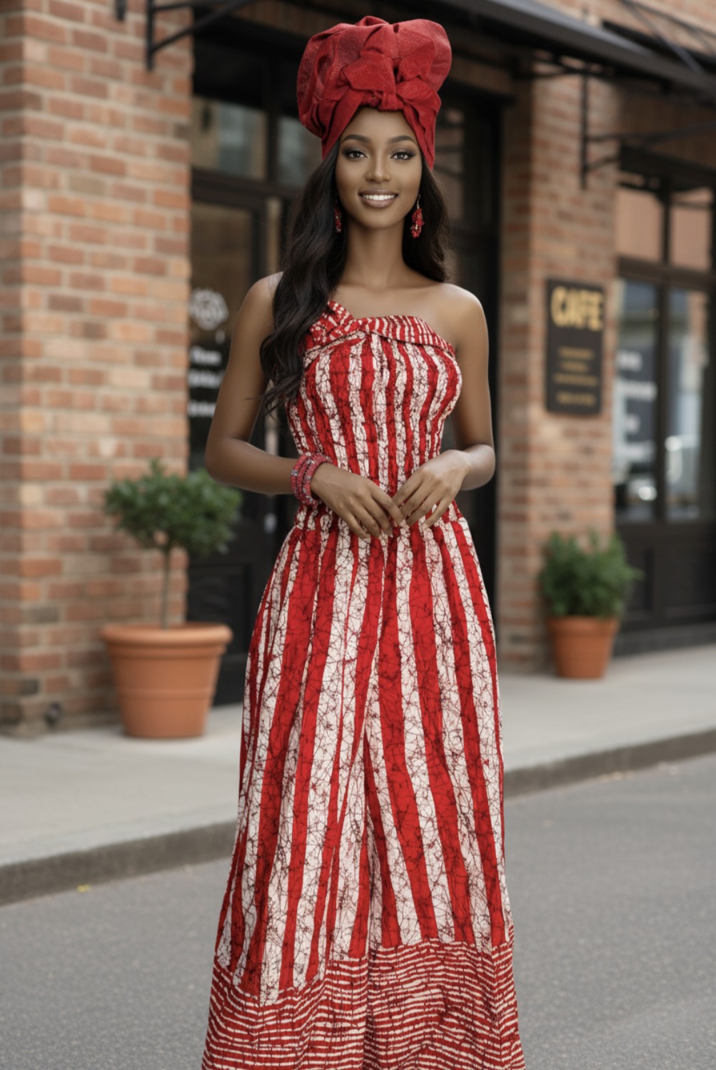 Red and white tie-dye batik wide-leg jumpsuit dress with smocked bodice, halter ties, and side pockets by Dupsie’s African Fashion.
