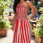 Red & White Tie-Dye Batik Jumpsuit Dress — Dupsie’s African Fashion. Smocked fit, wide legs, pockets, 100% cotton
