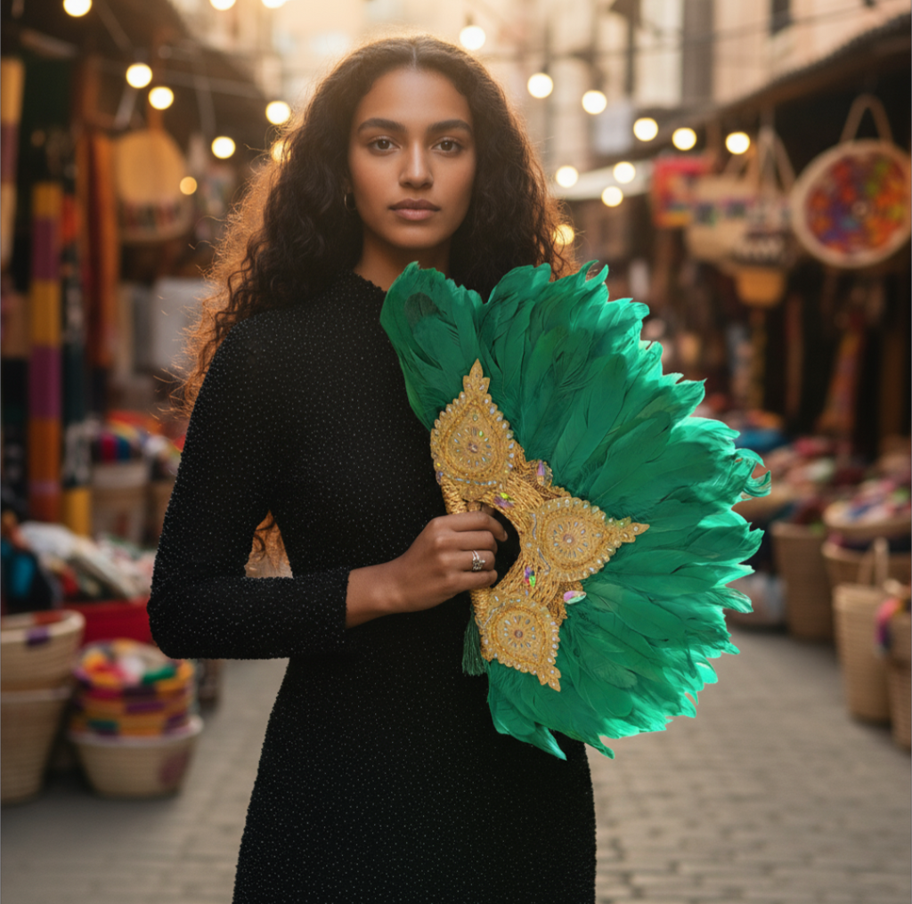 Handcrafted green African feather wedding fan with ornate gold handle, glitter stones, tassels—Dupsie’s African Fashion bridal accessory