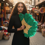 Handcrafted green African feather wedding fan with ornate gold handle, glitter stones, tassels—Dupsie’s African Fashion bridal accessory