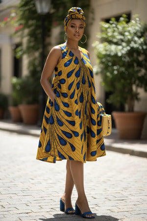Blue and Orange Ajere Peacock African Print Dress DP3816D9