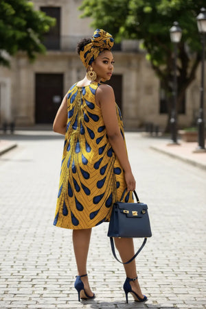 blue and gold african print dress "AYO SUN FLARE DRESS (STRETCHY AFRICAN PRINT IN BLUE AND GOLD)