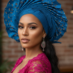 Kike Royal Azure Turquoise-Blue Lazercut Aso Oke Autogele – Ready Gele Crown Head Wrap Hat by Dupsie’s African Fashion | African Clothing for Women | Nigerian Wedding Head Wrap | African Ladies Hat DPAGTBL7