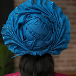 Kike Royal Azure Turquoise-Blue Lazercut Aso Oke Autogele – Ready Gele Crown Head Wrap Hat by Dupsie’s African Fashion | African Clothing for Women | Nigerian Wedding Head Wrap | African Ladies Hat DPAGTBL7