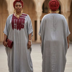 African silk-like dress Rafiat in silver with rich red embroidery, premium African clothing for women and African fashion for women for special events.