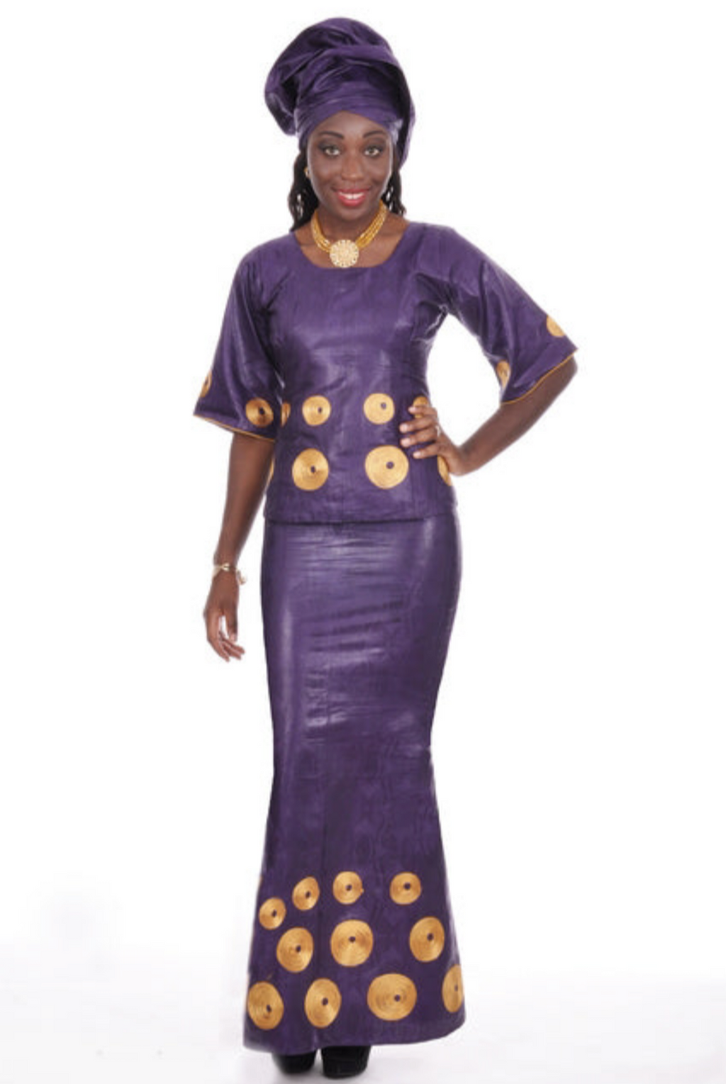 Regal Purple African Brocade Top and Skirt with Gold Embroidery-DP317
