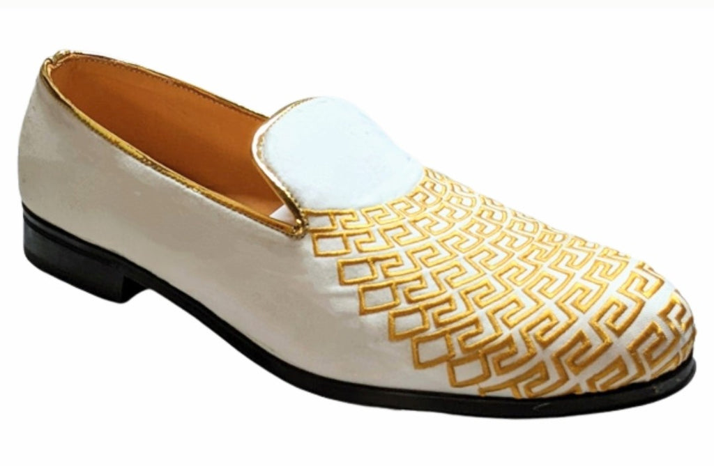 Handmade Silk-Cotton loafers in Ivory-White with Gold Meander Embroidery-DPXVS22