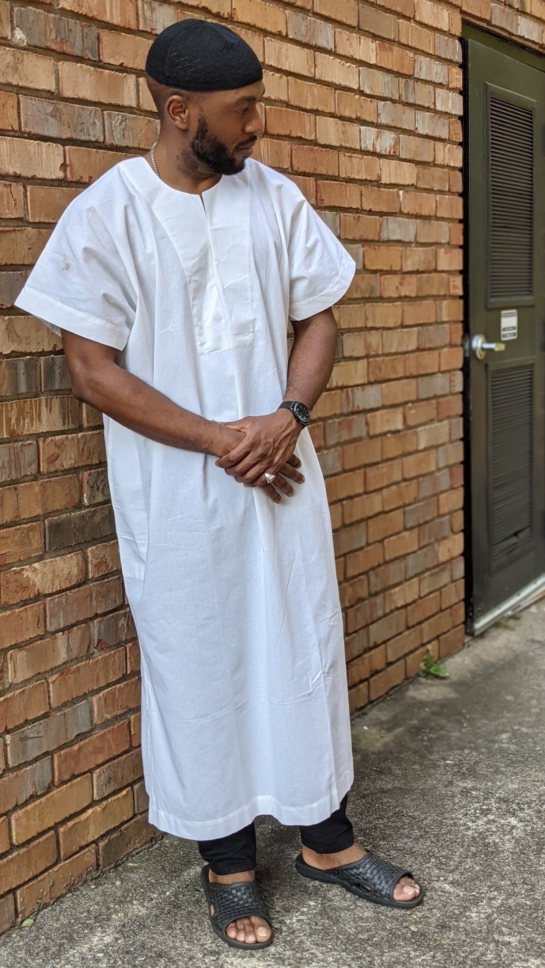 Suleiman Off-White Short Sleeve African Senegalese Jalabiya Dashiki Long  Gown Thobe Kaftan Robe for men-DPTSD4 - Medium