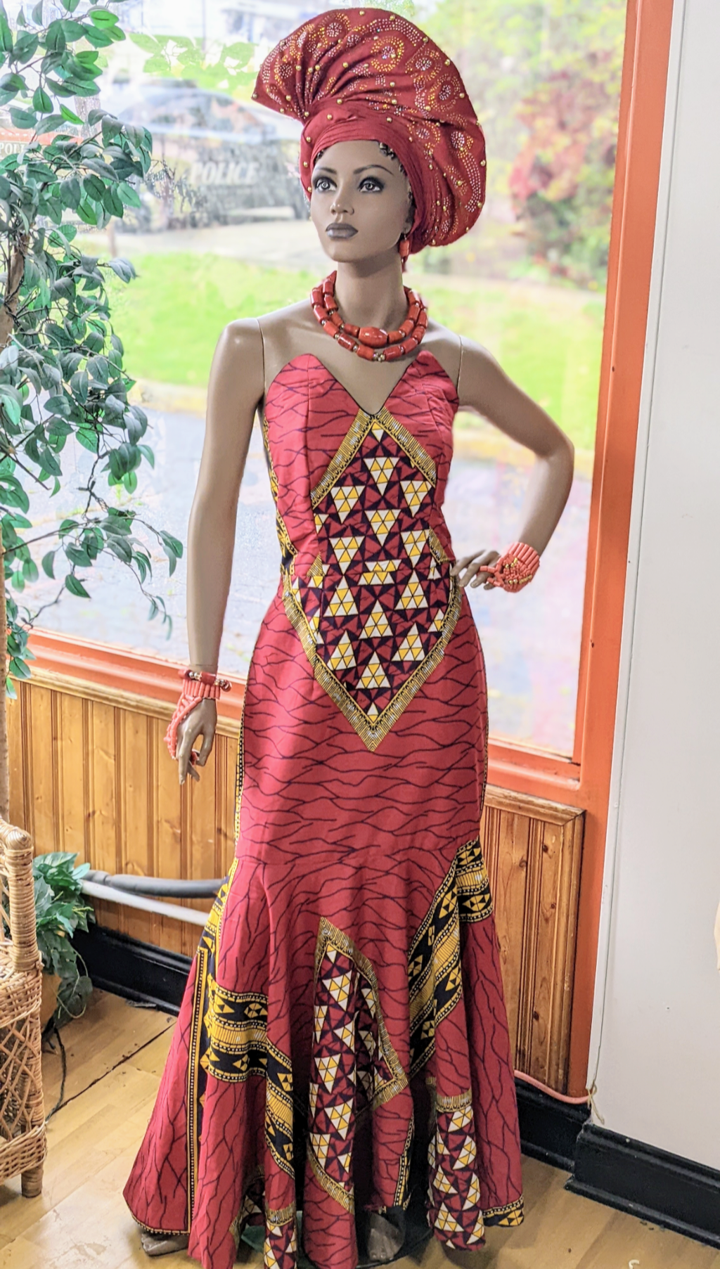  Sleeveless Red, Black, Off-White, and Gold African Diamond Print Ankara Corset Dress-DPX2687D
