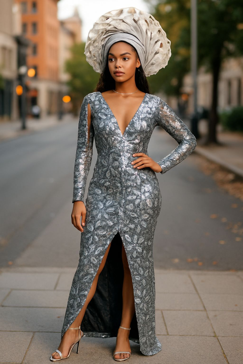 Frontview Silver Lace African Dress with front opening by Dupsie's African fashion