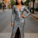 Frontview Silver Lace African Dress with front opening by Dupsie's African fashion