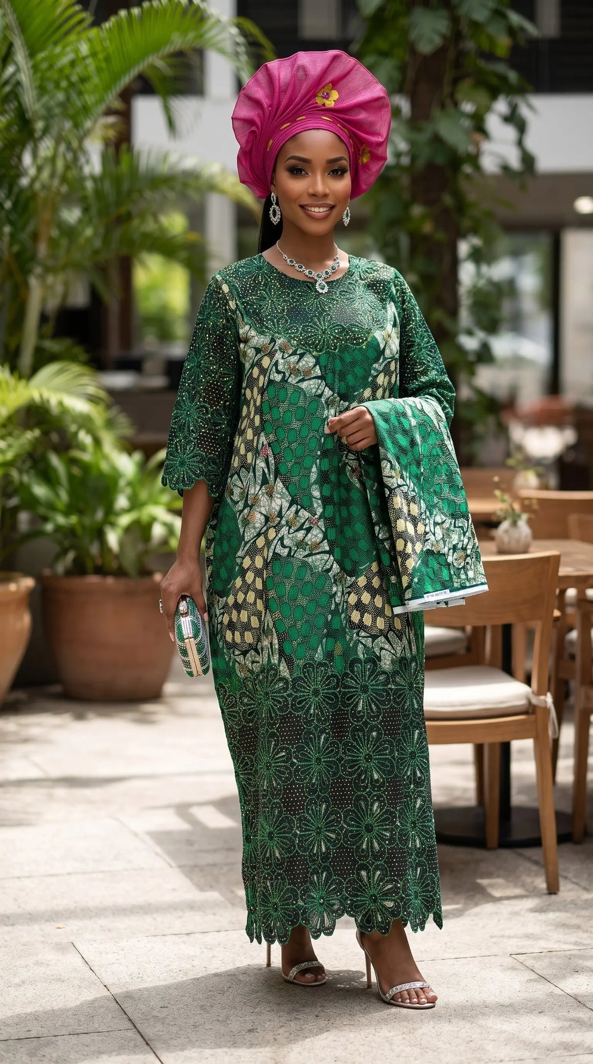 Sukke Green African Embroidered Rhinestone Ankara Maxi Dress for Women | Nigerian Party Dress | Dupsie's African Fashion DPDGRGRS9
