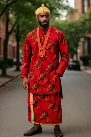 Red Brown Gold Ekwueme Royal Velvet Igbo Top and wrapper for Men
