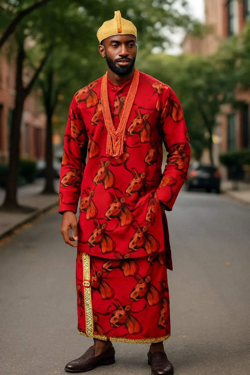 Red Brown Gold Ekwueme Royal Velvet Igbo Top and wrapper for Men ...