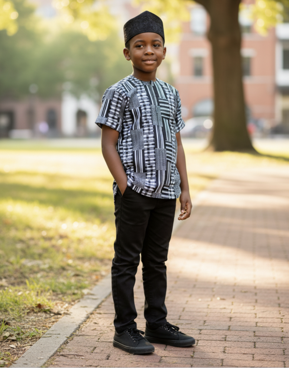 Child wearing a black white Kente dashiki shirt and black pants standing on a sidewalk with trees and buildings in the background.