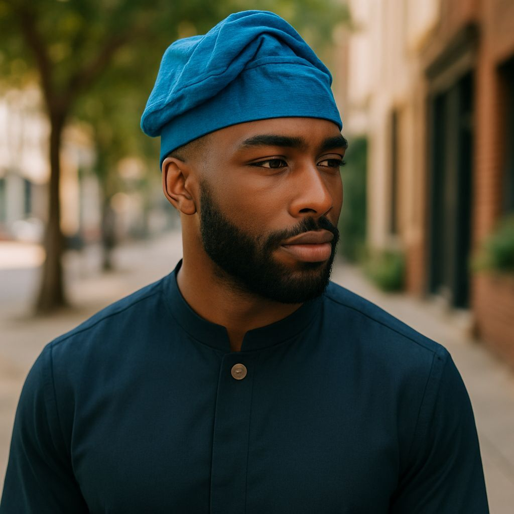 Brimless Turquoise-Blue Aso Oke Kufi Cap – Handwoven African Yoruba Fila Hat by Dupsie’s African Fashion for Weddings and Cultural Events"  