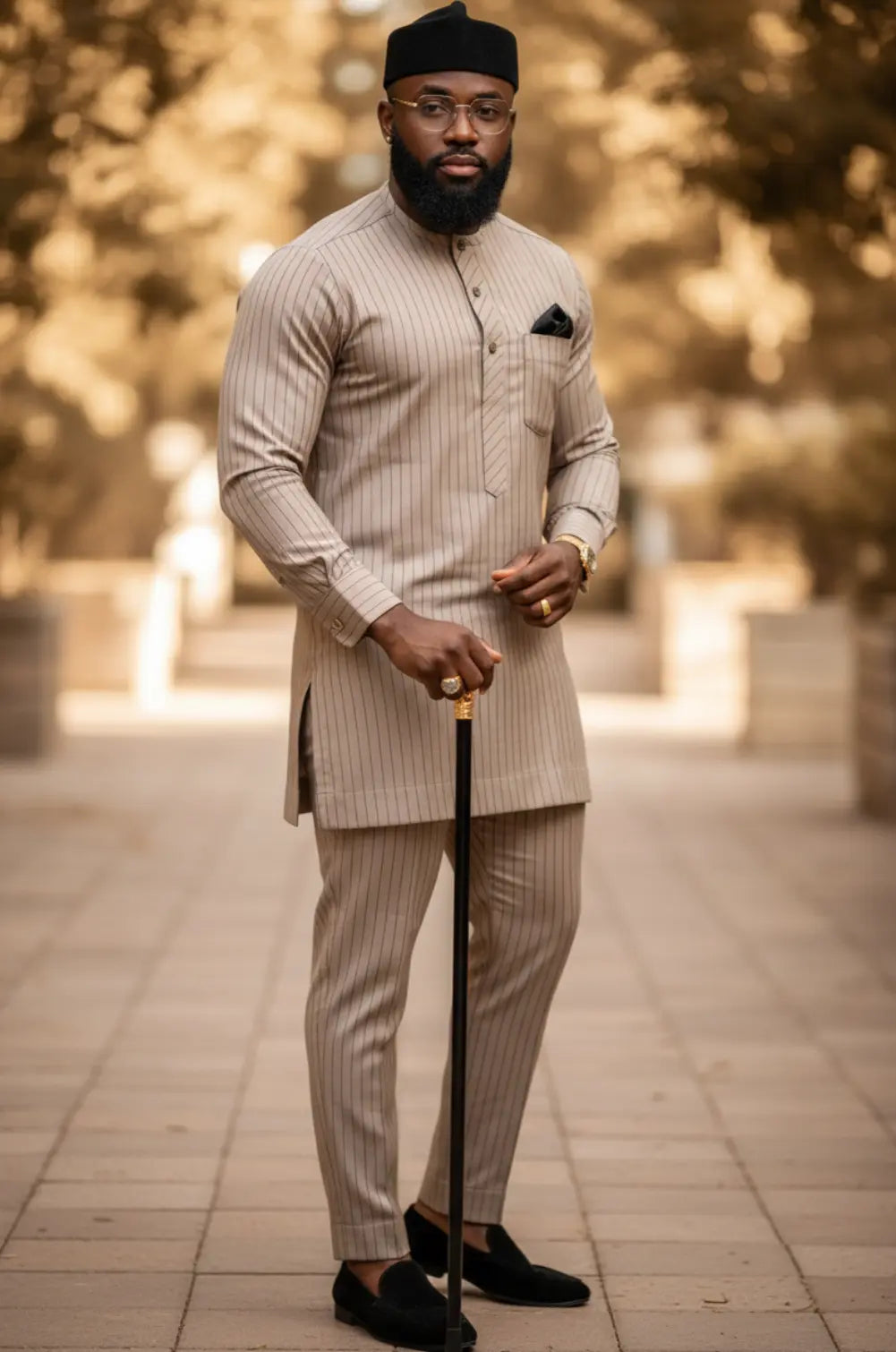 african fashion dresses nigeria mens Abdul Tan Pinstripe African Senator Suit for Men
