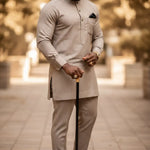 Abdul Tan Pinstripe African Senator Suit for Men by Dupsie's African Fashion made from premium silk cotton blend fabric.