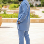 Abia light-blue African Agbada lace silk-cotton robe vest showcasing intricate details