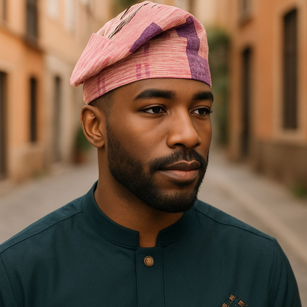  Front view of AdeFolarin Purple with Pink African Aso Oke Kufi Hat by Dupsie’s African Fashion – authentic Yoruba brimless kufi cap 